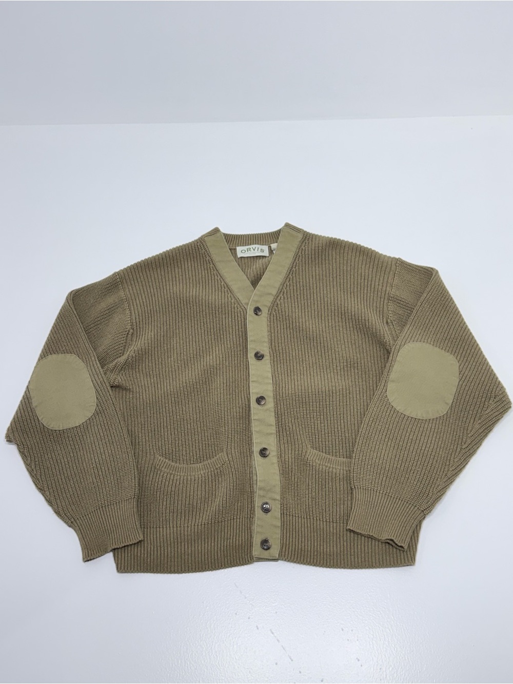Orvis Men L Olive 100% Cotton V-Neck Rib Knit Cardigan Elbow Patch Button Front